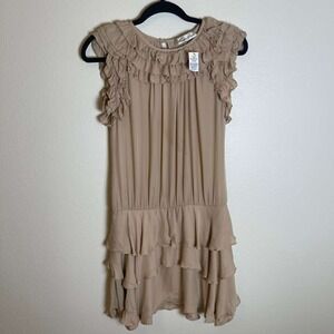 Hunter Dixon‎ Womens Tan Ruffle Tiered Drop Waist Mini Dress Beige Silk Small